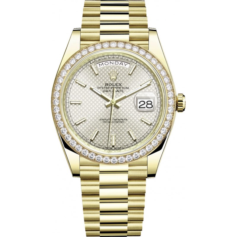 Rolex Day-Date 40 228348RBR Yellow Gold Silver Motif Dial Factory Diamond Bezel 